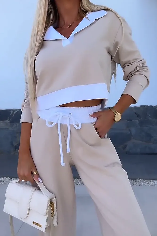 Women's contrasting splicing V-neck and pants two-piece set