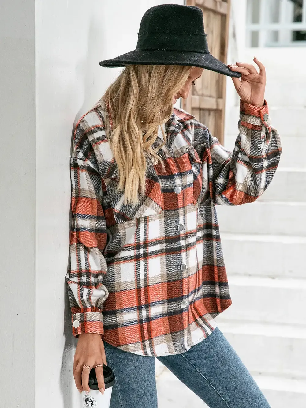 Plaid Button Down Curved Hem Shacket