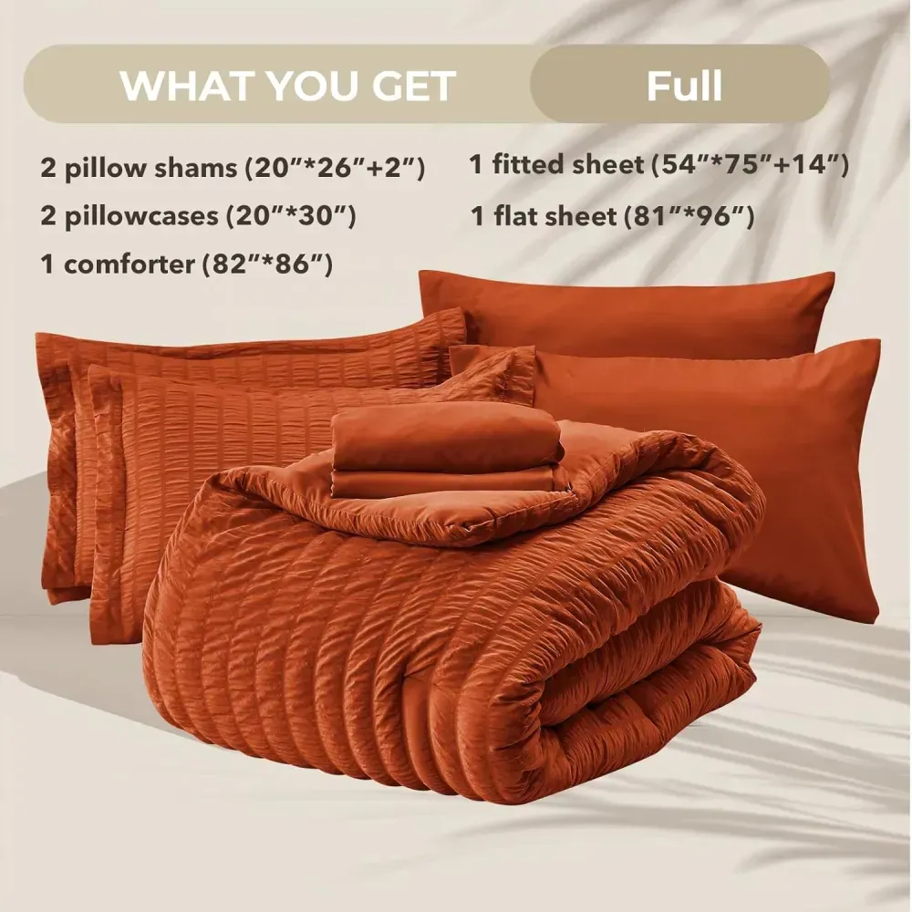 Queen Comforter Set Seersucker 7 Pieces, All Season Luxury Bed in a Bag for Bedroom, Bedding Set with Comforters, Sheets, Pillowcases & Shams, Dark Grey