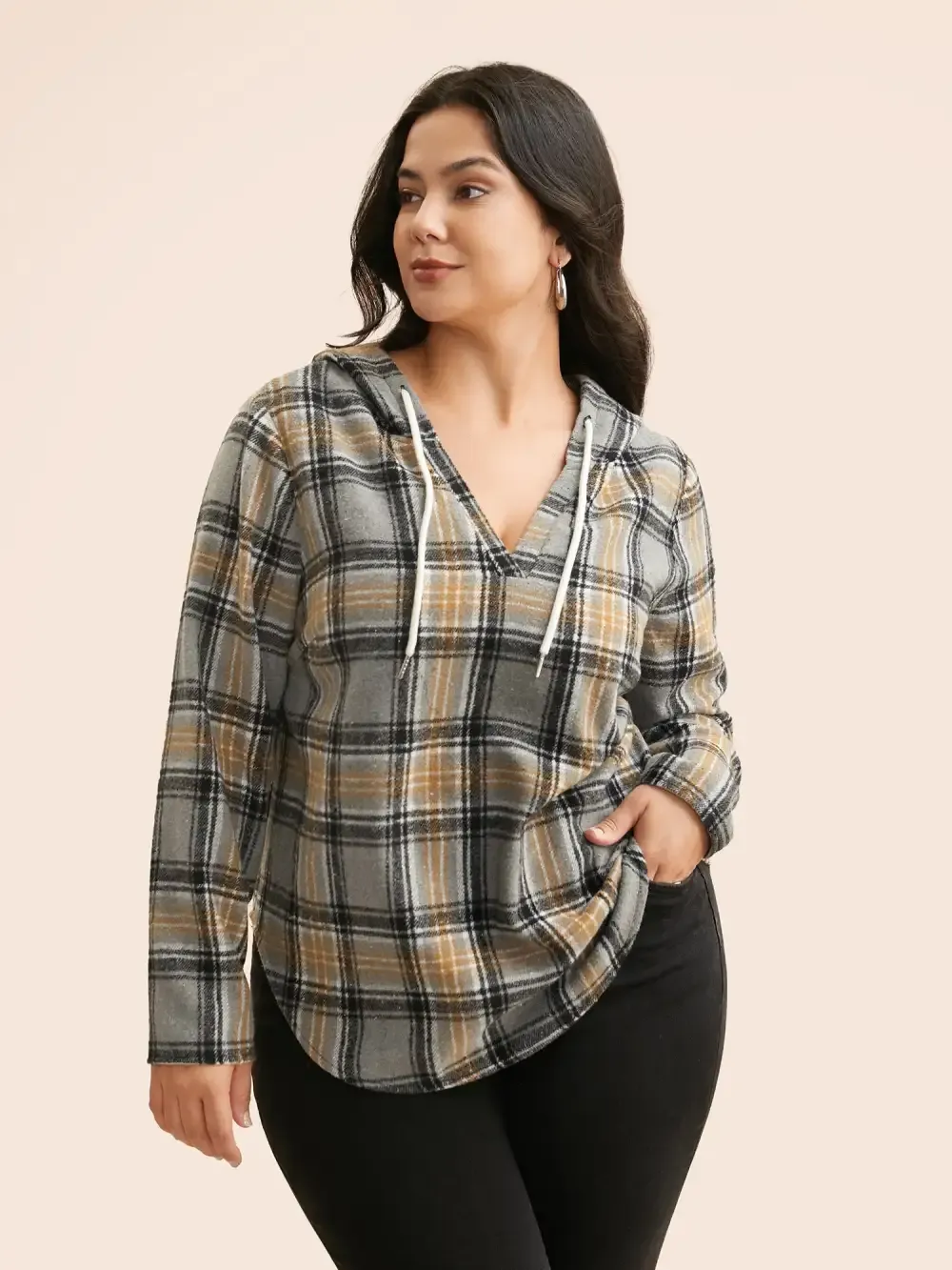Brushed Fabric Plaid Hooded Sweatshirt