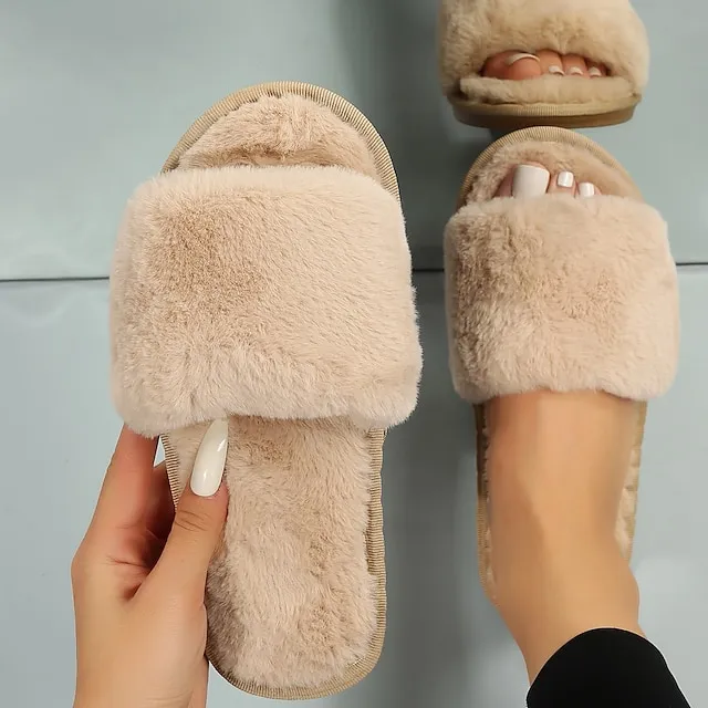 Women's Slippers Furry Feather Fuzzy Slippers Fluffy Slippers House Slippers Home Daily Solid Color Winter Flat Heel Open Toe Casual Comfort Minimalism Walking Suede Wine Red Black White