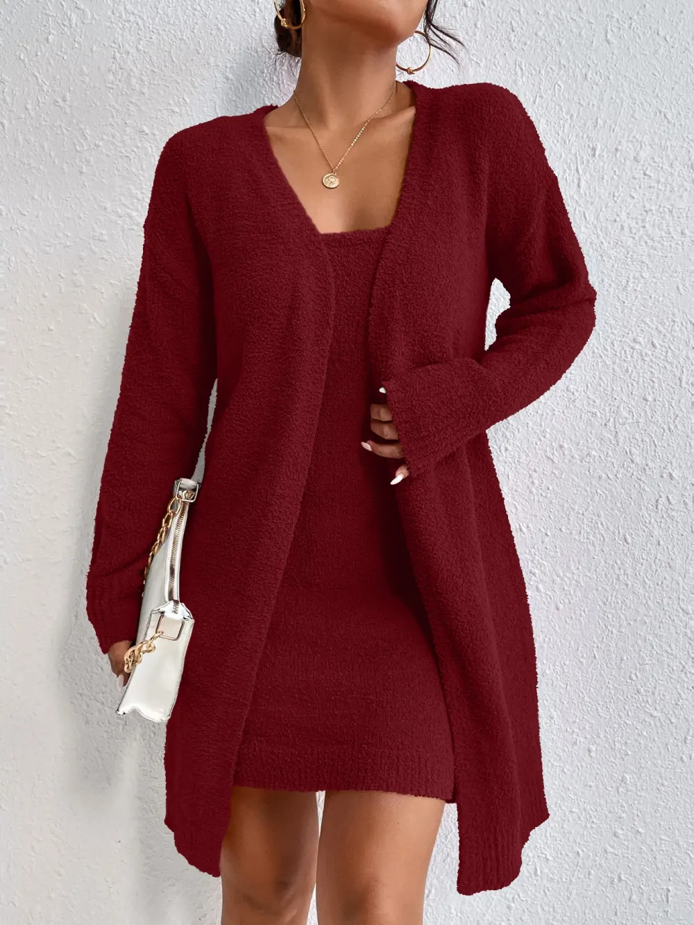 Solid Cami Sweater Dress & Drop Shoulder Cardigan