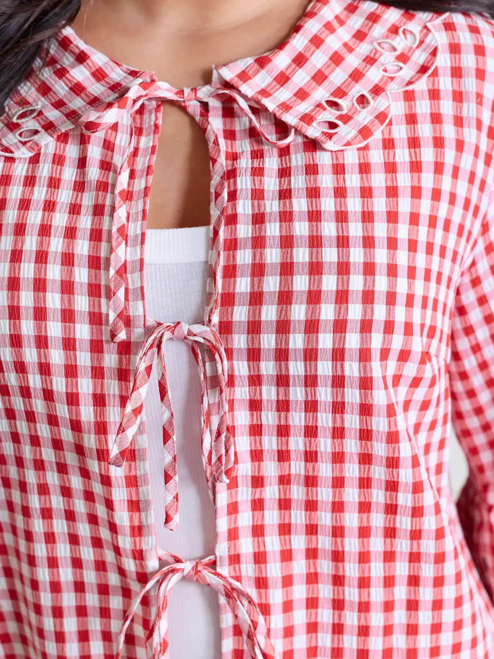 Gingham Embroidered Bow Tie Open-Front Shirt