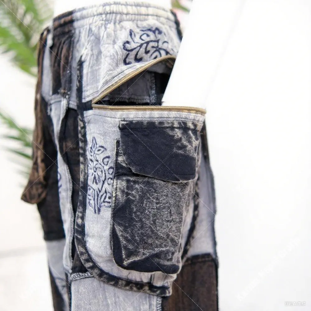 Unisex Patchwork Cotton Jogger Pants – Gothic Boho Style, Multi-Pocket Cargo Trousers, Plus Size Friendly