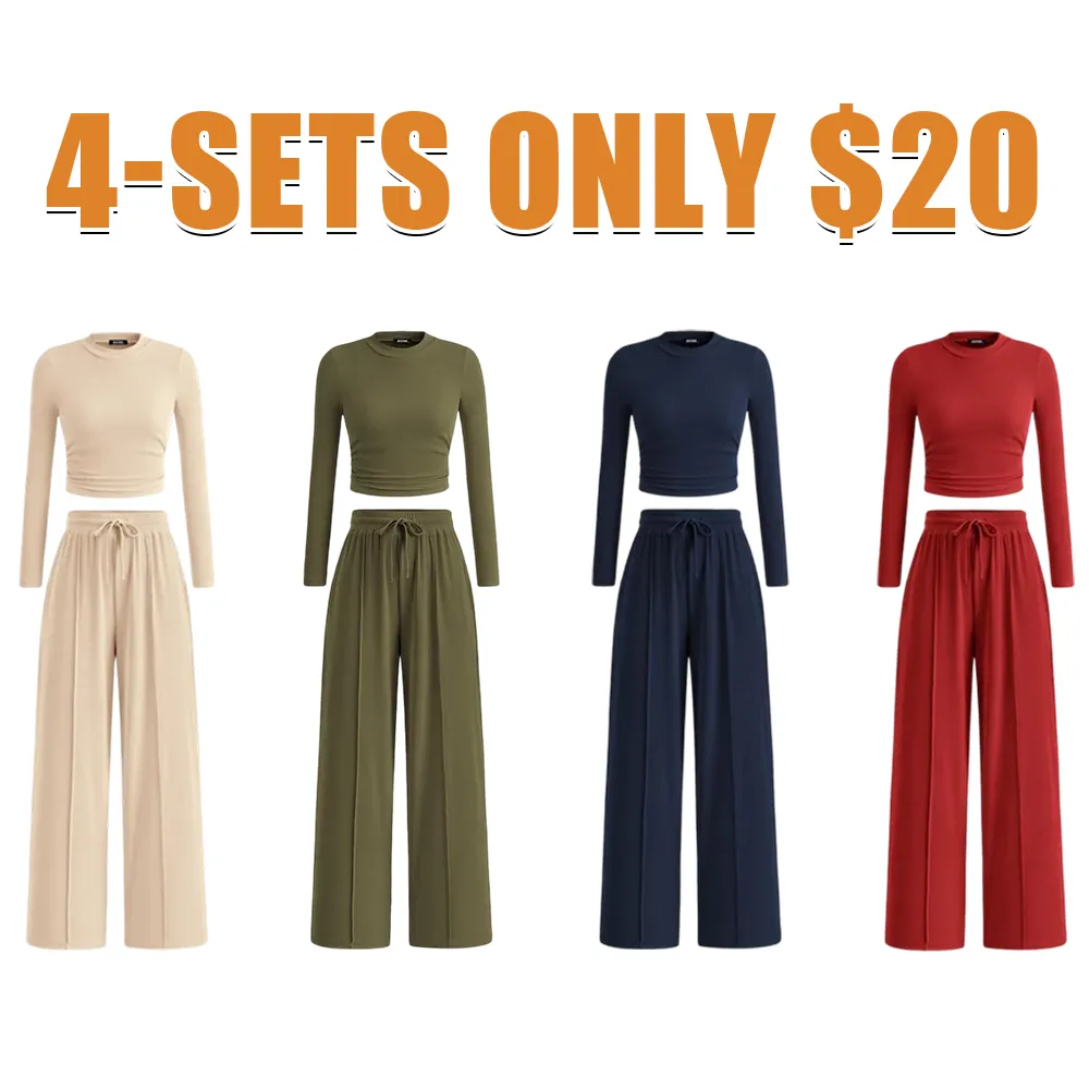 2-Piece Ribbed Knit Long Sleeve Crop Top Wide Leg Pants Matching Lounge Set Loungewear