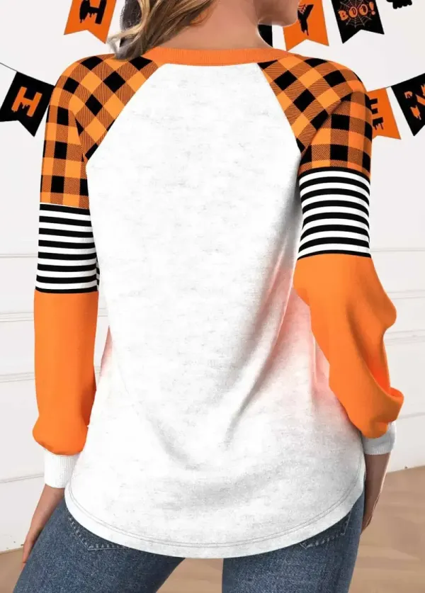Halloween Orange Patchwork Long Sleeve Round Neck Sweatshirt