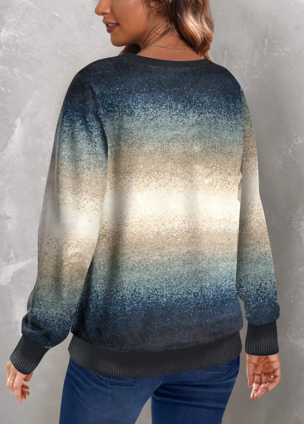 Multi Color Patchwork Ombre Long Sleeve Round Neck Sweatshirt