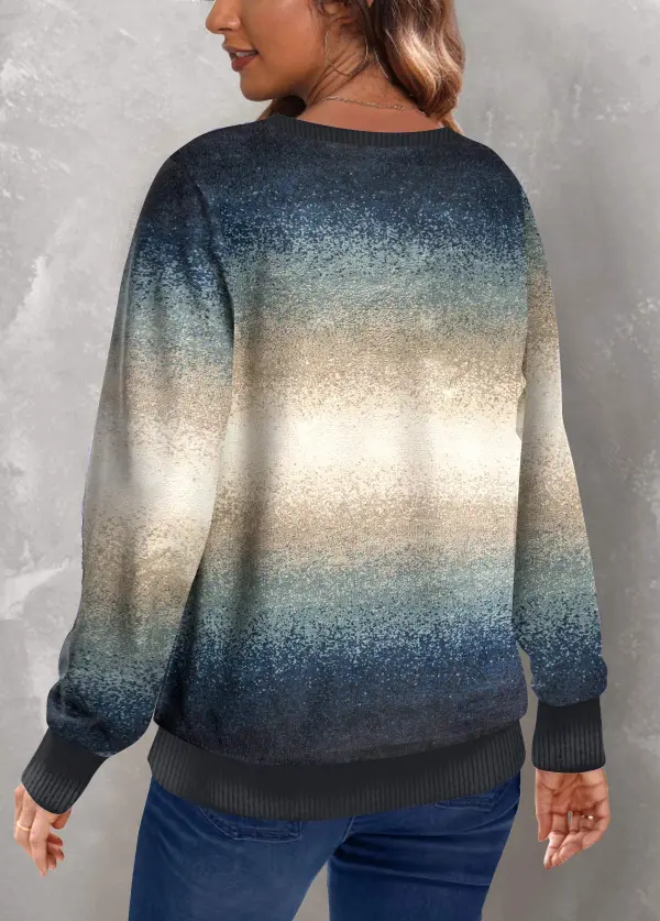 Multi Color Patchwork Ombre Long Sleeve Round Neck Sweatshirt