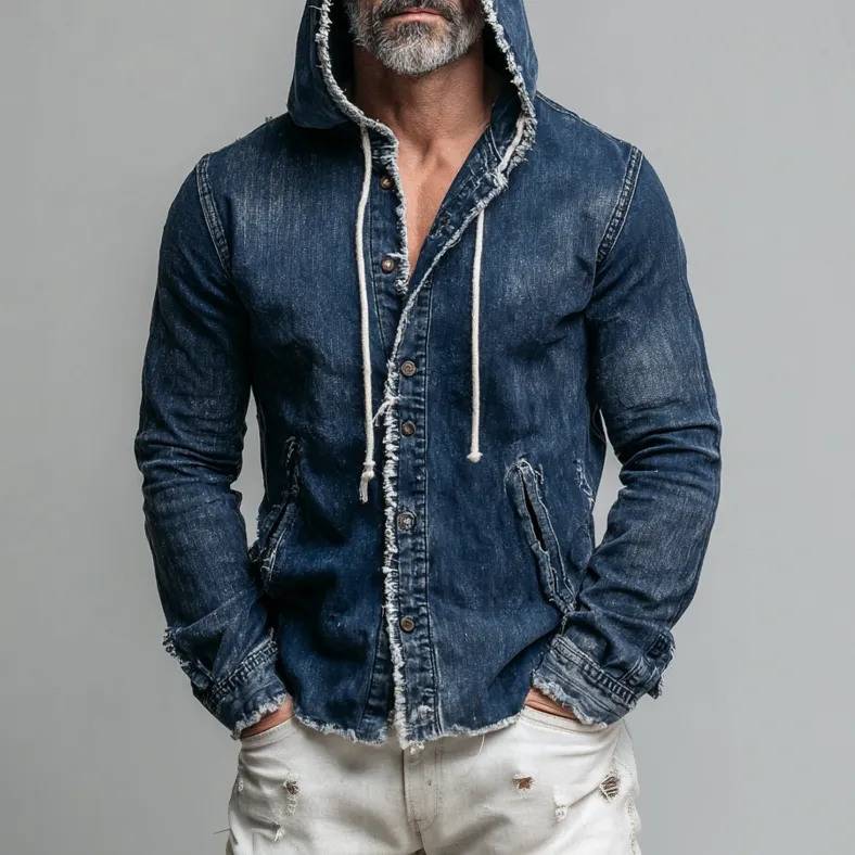 Men's Casual Raw Edge Denim Long Sleeve Pockets Drawstring Hooded Jacket