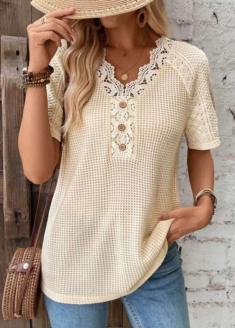 Light Camel Short Sleeve V Neck T Shirt