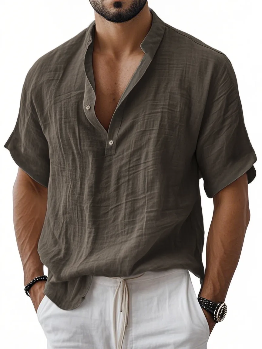 Men's Breathable Linen Henley Button Short Sleeve T-Shirt Henley Shirt