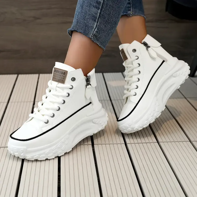 Womens Fashionable Platform Sneakers - Dual Lace Up & Zipper Closure - Refined High Top Skate Style - Padded Comfort for All-Day Wear - Instant Height Boost - Ideal for Sports & Casual Chic