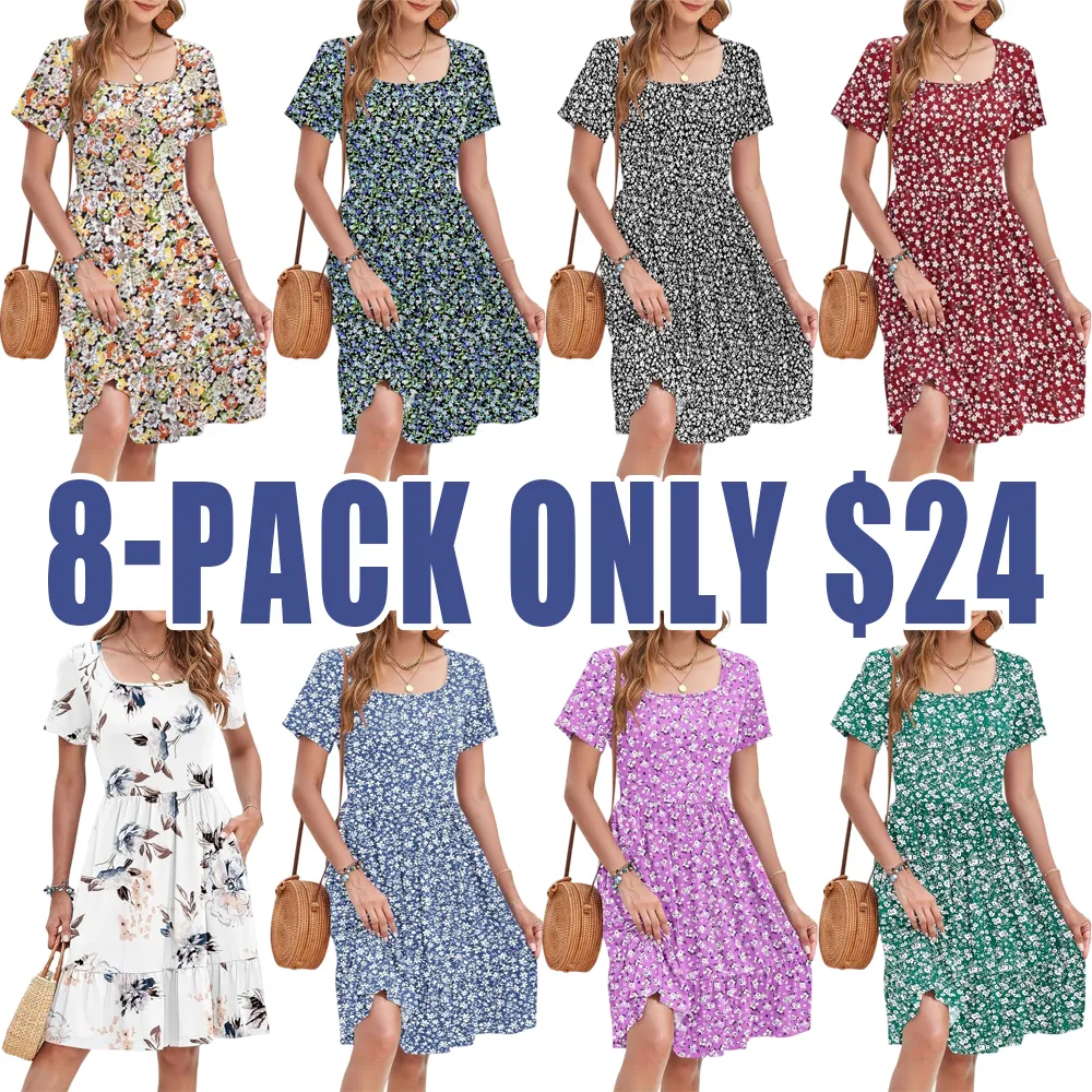 Women’s Ditsy Floral Square Neck A-Line Sundress with Pockets – Short Sleeve, Ruffle Hem