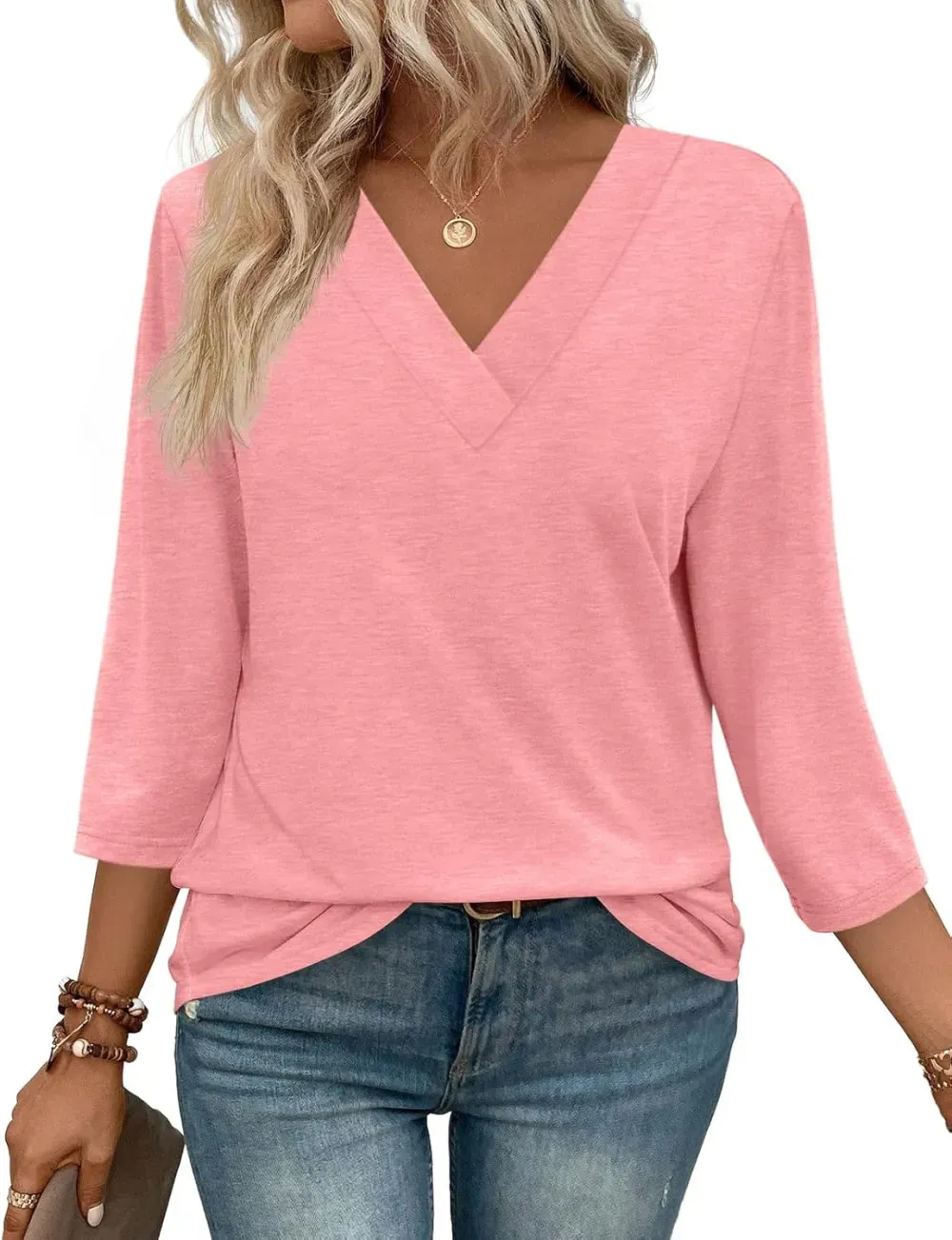 ✨Flash Sale Women's Trendy V Neck 3/4 Long Sleeve Tops Loose Fit Blouse