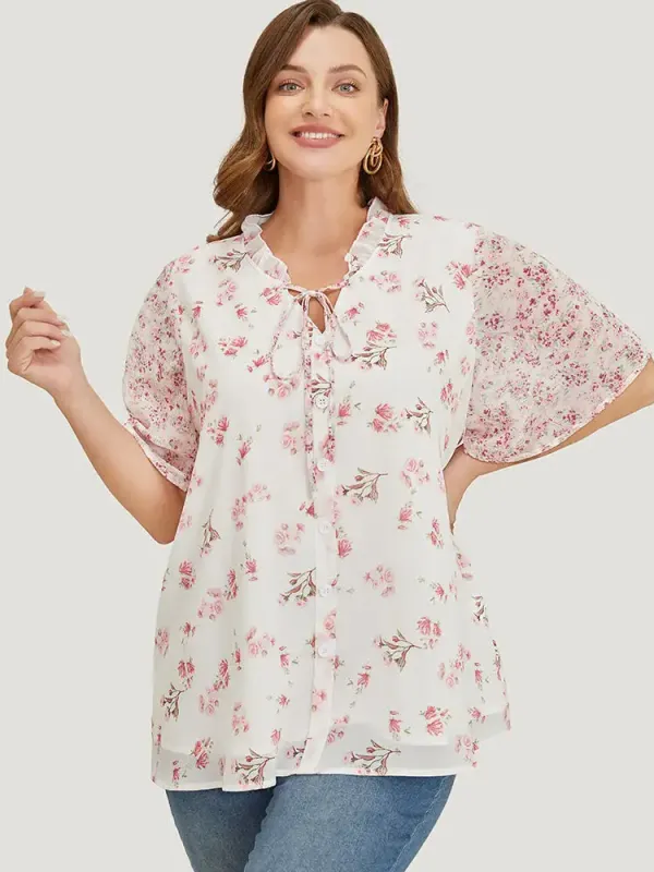 Ditsy Floral Patchwork Frill Trim Tie Neck Blouse