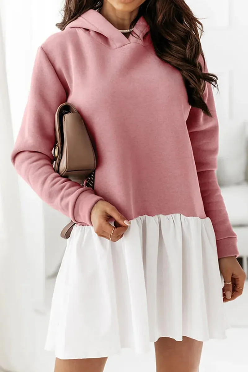 Fashion Casual Patchwork Fold  Contrast Hooded Collar A Line Dresses
