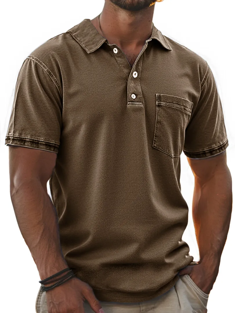 Men's Stylish Retro Pure Cotton Distressed Fabric Pocket Lapel Polo Shirt 