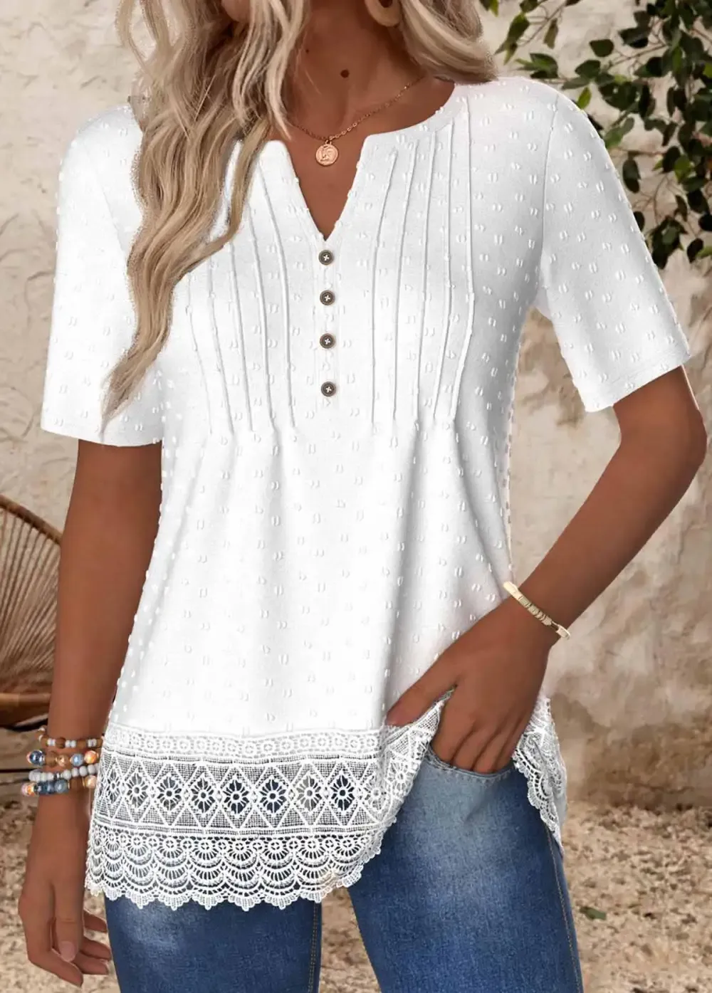 White Embroidery Short Sleeve Split Neck T Shirt