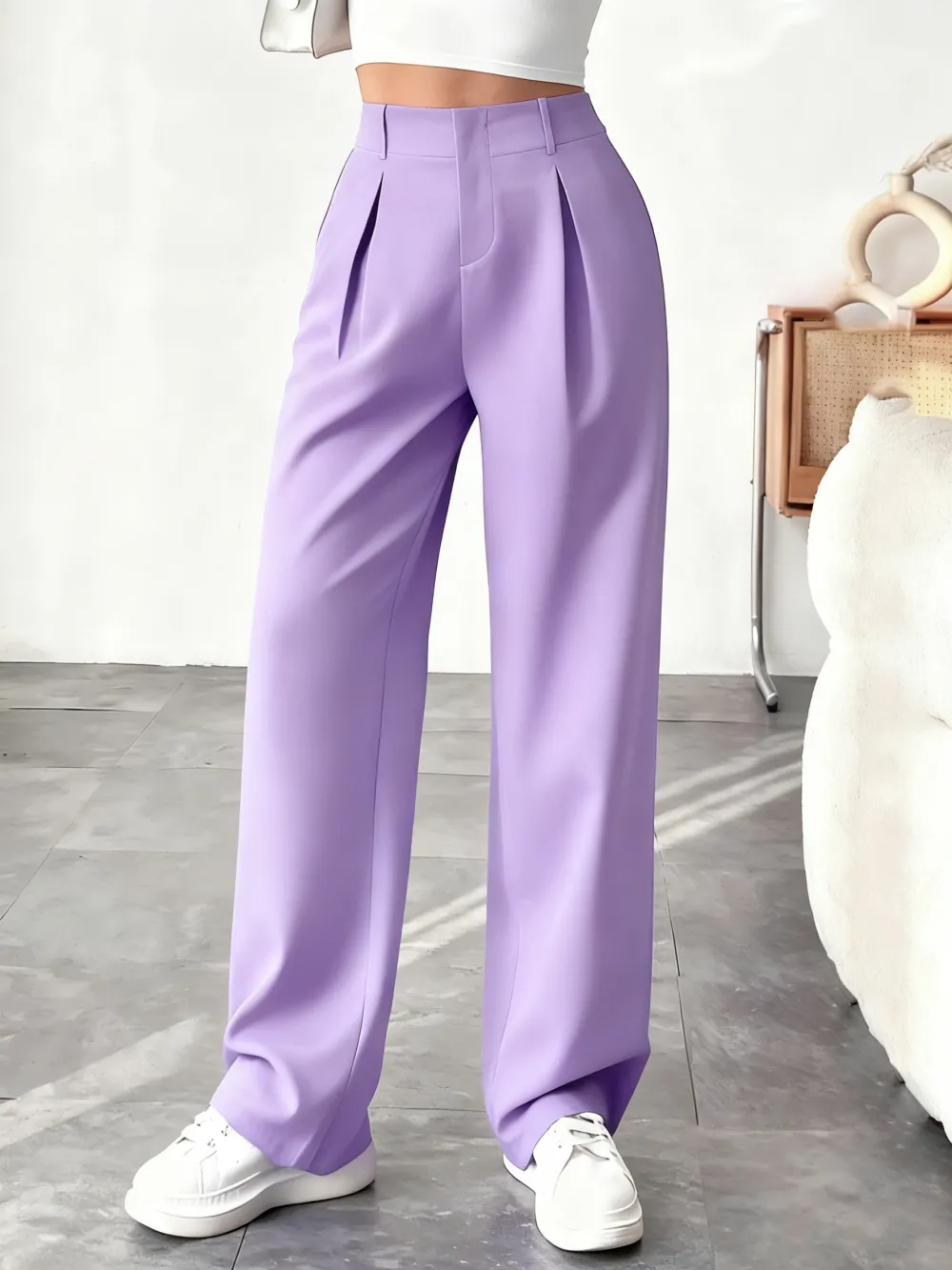 Women's Solid Wide Leg Pants: Pleated Pocket, Zipper Fly (Work/Office, Spring/Fall)