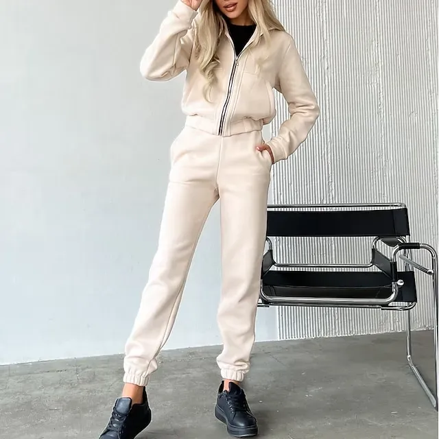 Women's Tracksuit Sweatsuit Pocket 2 Piece Solid Colored Hoodie and Pants Outfit Set Clothing Suit Fall Black White Jogging Training Exercise Thermal Warm Soft Moisture Wicking Long Sleeve Sport