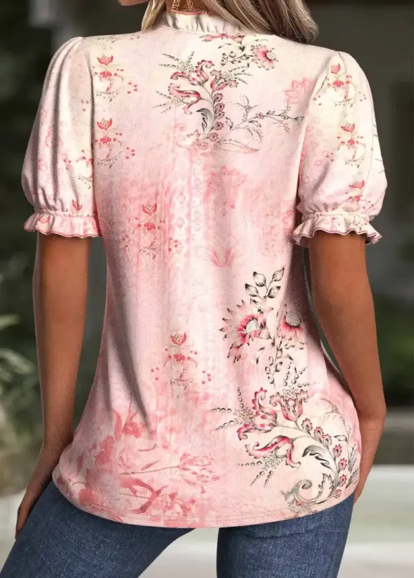 Light Pink Floral Print Short Sleeve Split Neck Blouse