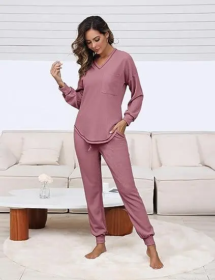 Women's Waffle Knit Lounge Set – Long Sleeve Pullover & Jogger Sweatpants