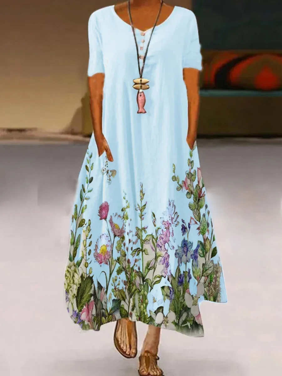 Ladies White Round Neck Floral Print Fashion Maxi Dress