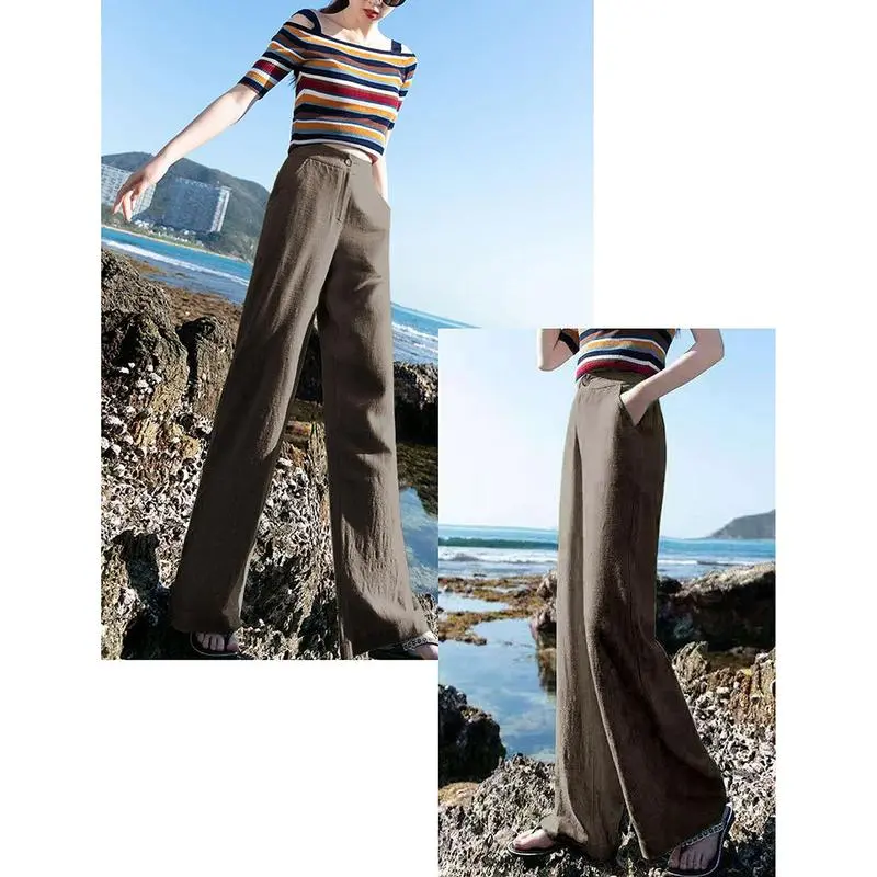 Womens Cotton Linen Pants Casual Button Up High Waisted Wide Leg Trousers Wideleg Loose