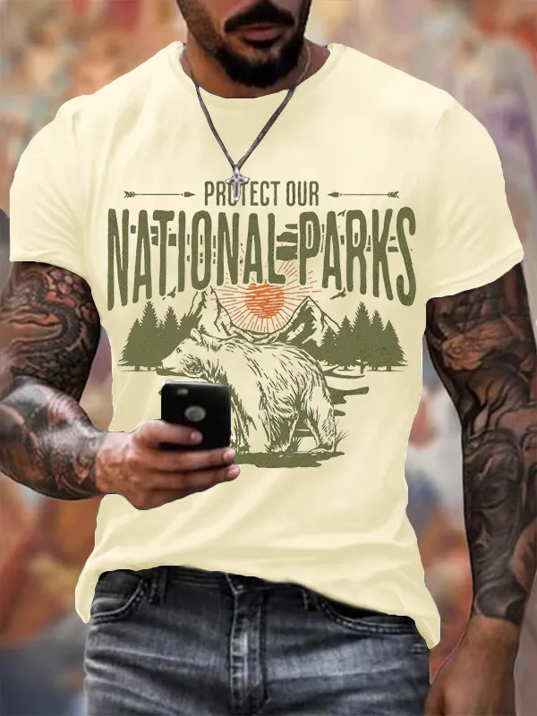 Men'S T-Shirt Men'S Protect Our National Parks Printed Crewneck T-Shirt Theme T-Shirt Pure Cotton