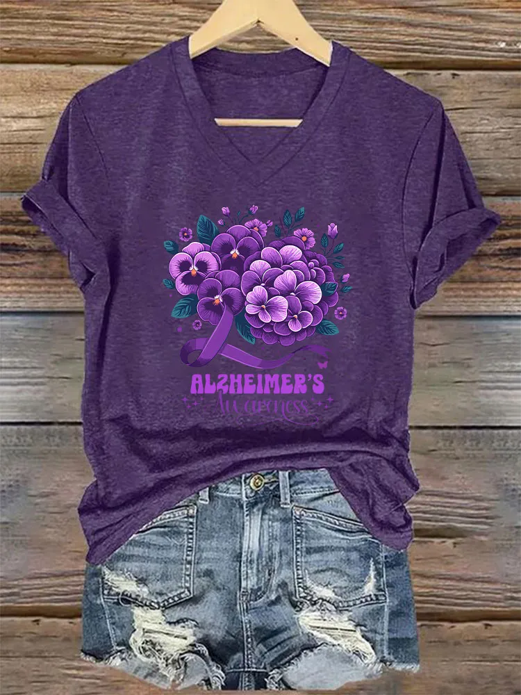 Women's Alzheimer's Print Casual V-Neck T-Shirt