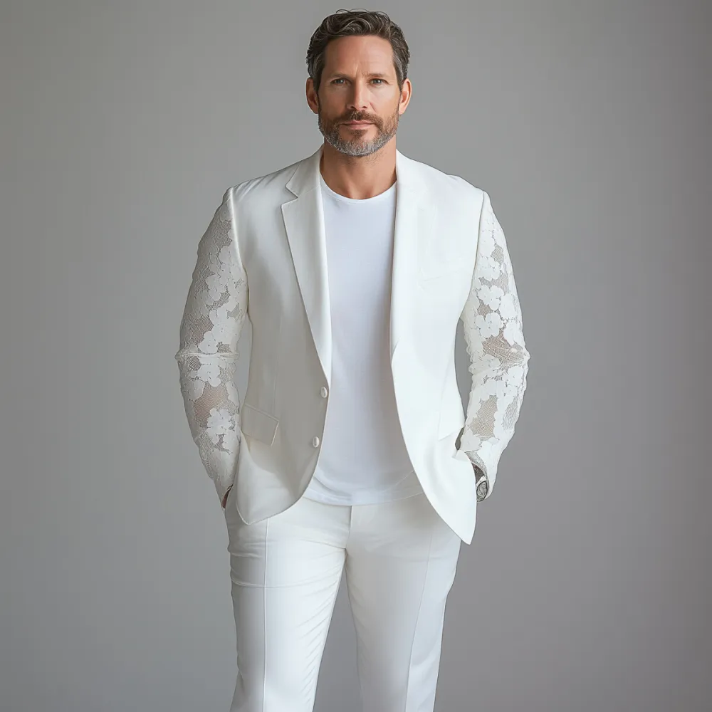 Men's See-Through Lace Long Sleeve Notch Lapel Two Button Blazer