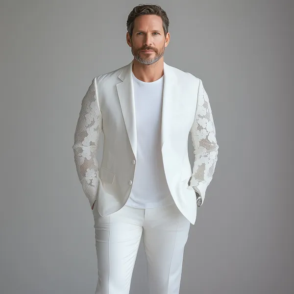 Men's See-Through Lace Long Sleeve Notch Lapel Two Button Blazer