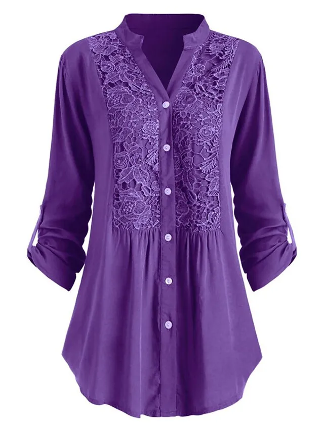 Women's Shirt Tunic Shirts Black White Wine Solid Color Floral Florals Lace Lace Trims Long Sleeve Daily Weekend Streetwear Casual Shirt Collar Regular Fit Spring Fall Winter