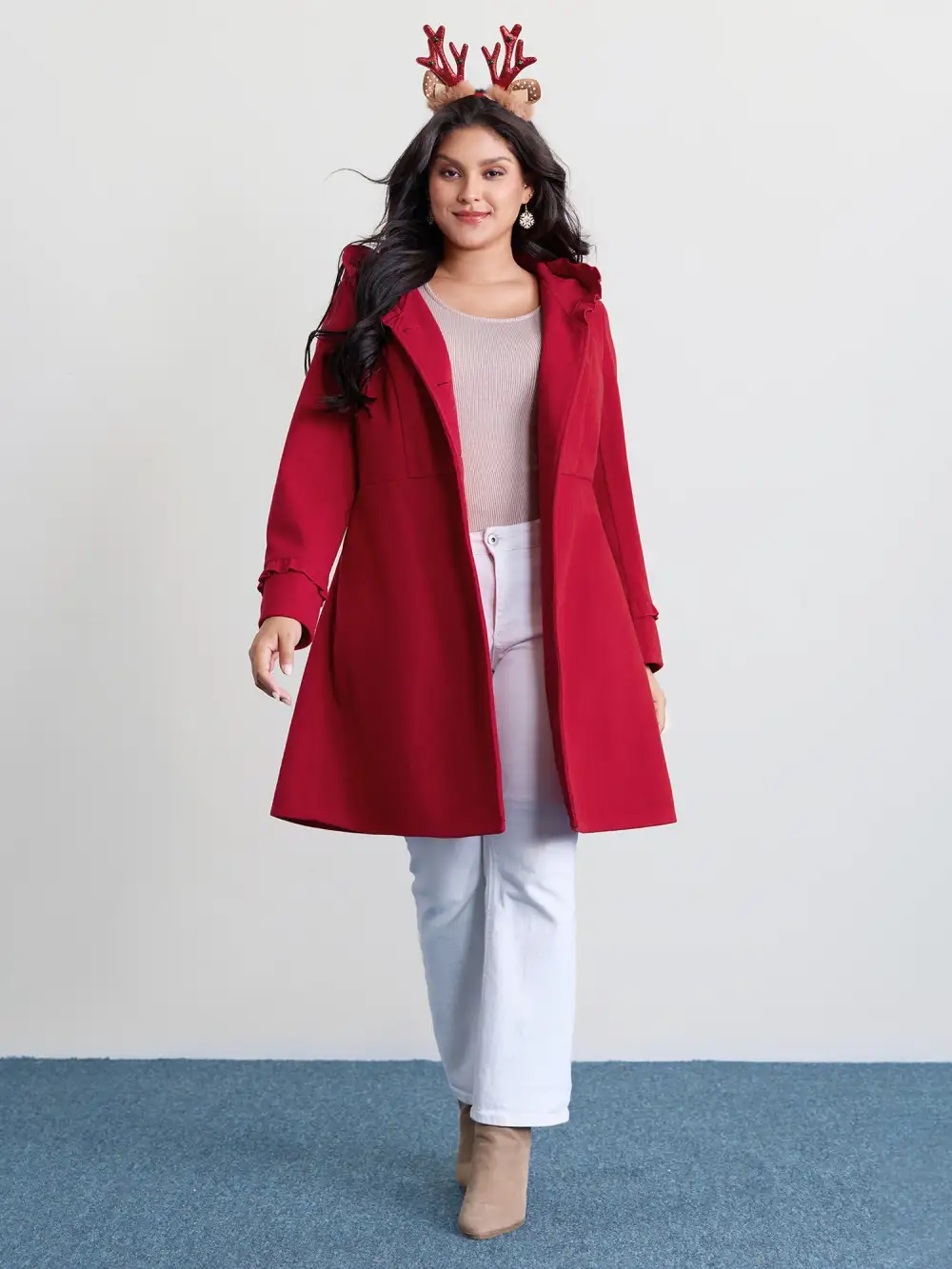 Ruffle Trim Waist-Defining Pockets Coat