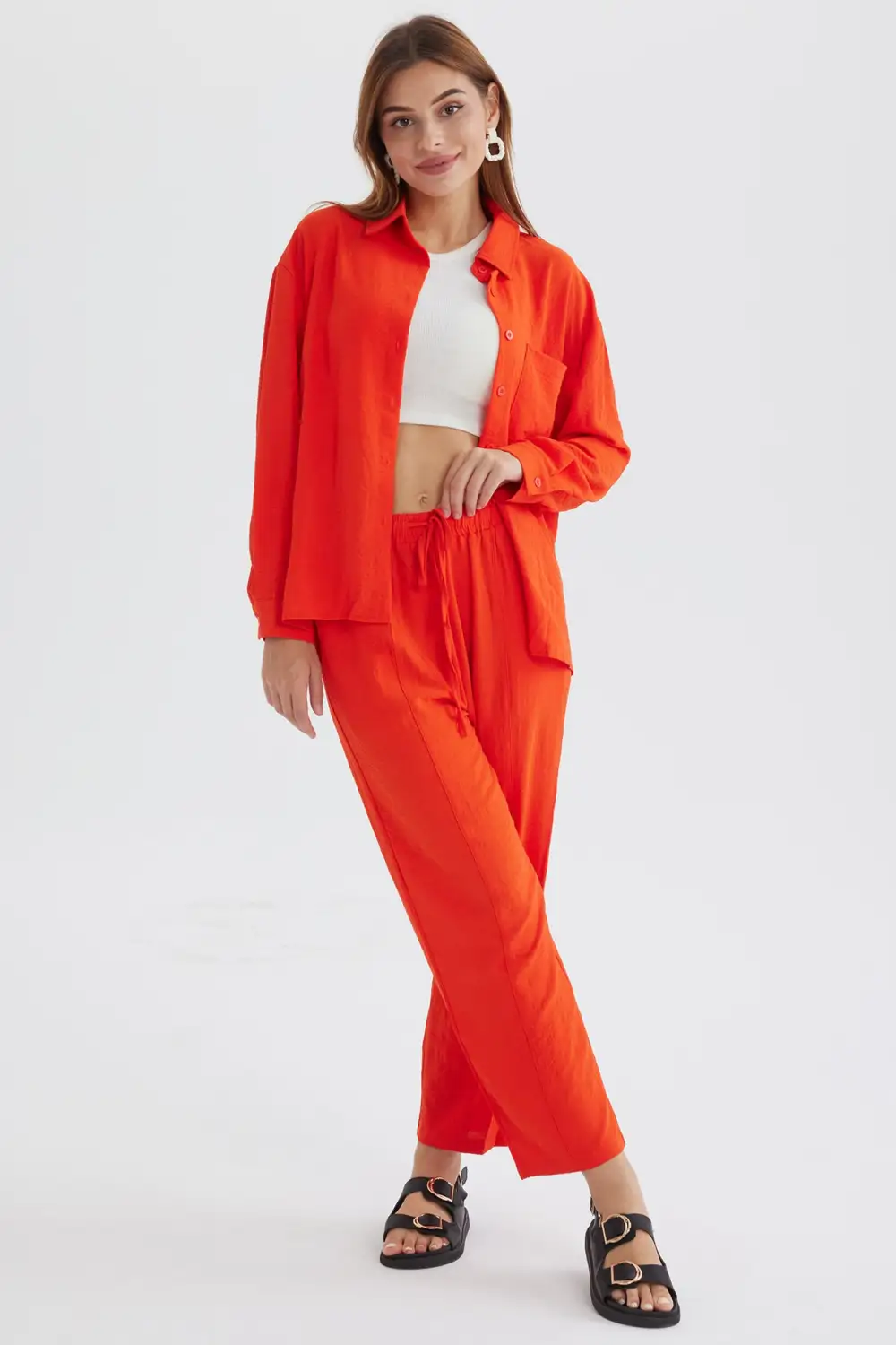 Long Sleeve Solid Color Shirt Long Pants Set