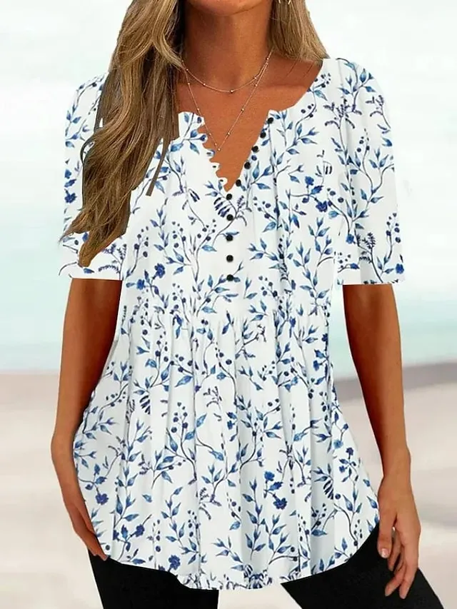 Women's T shirt Tee Henley Shirt Floral Holiday Weekend White Pink Blue Button Print Short Sleeve Tunic Basic Round Neck Regular Fit