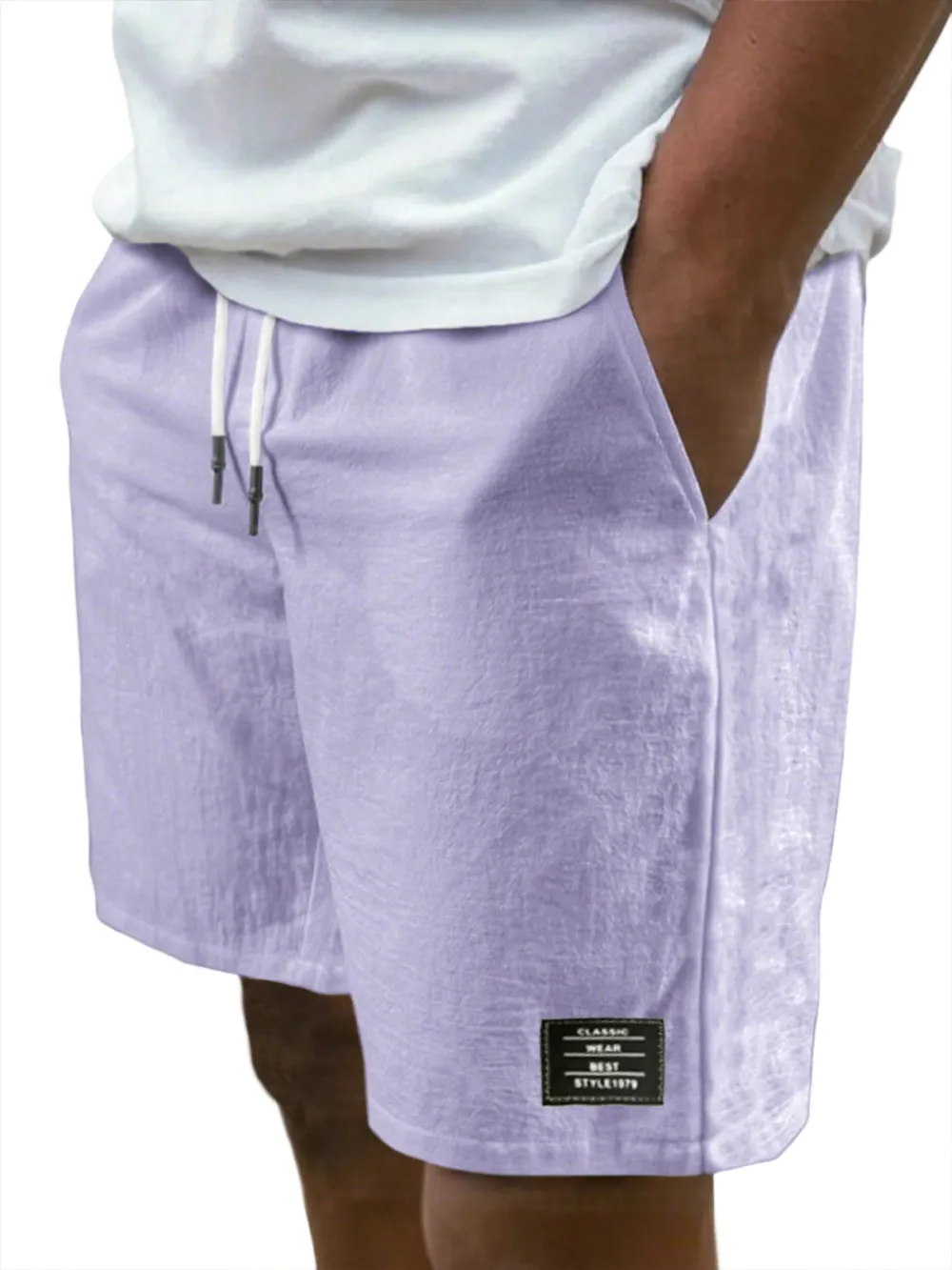 Men's Breathable Linen Beach Lace-Up Everyday Shorts with Simple Embroidered Label