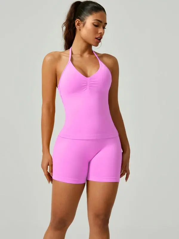 Women's Ruched Backless Halter Top & High Waist Shorts Tracksuit Set