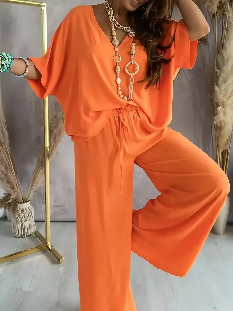 Casual Solid Color Pants Set, Half Sleeve V Neck Top & Wide Leg Pants Outfits,