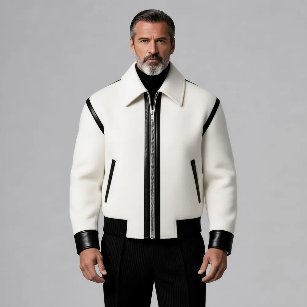 Men's White Contrast Black PU Leather Trim Shirt Collar Long Sleeve Pocket Zip Up Jacket