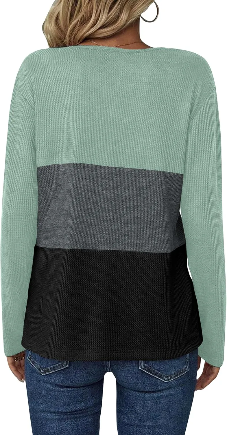 Women's Waffle Shirts V Neck Long Sleeve Tops Color Block T-Shirts Casual Tunics 2024 Fashion Basic Tees