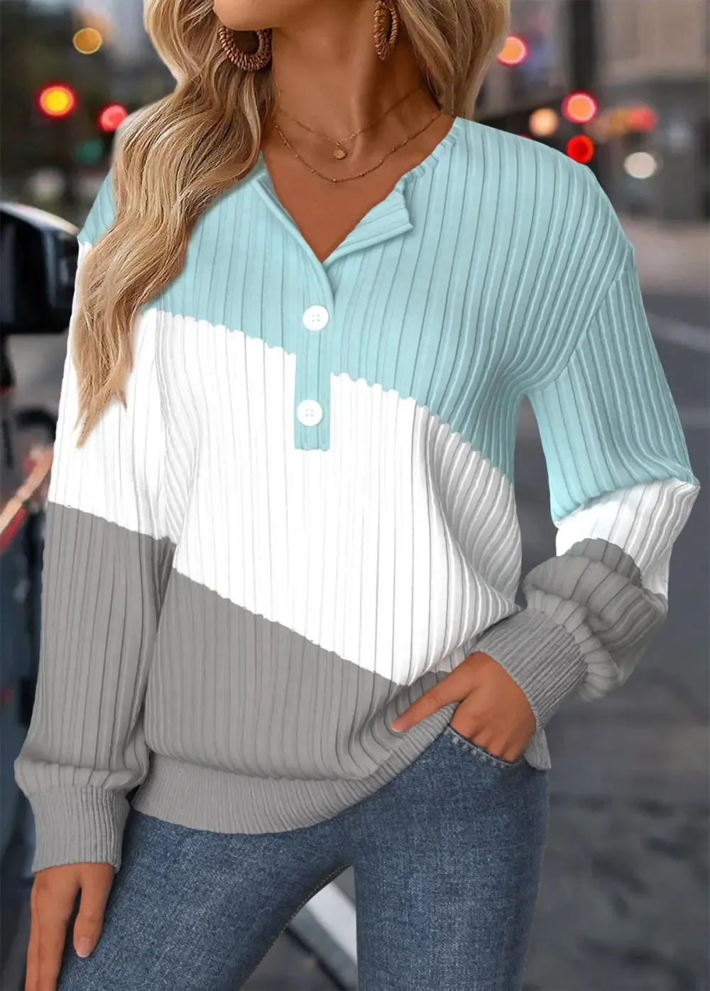 Multi Color Tummy Coverage Long Sleeve Split Neck Sweatshirt