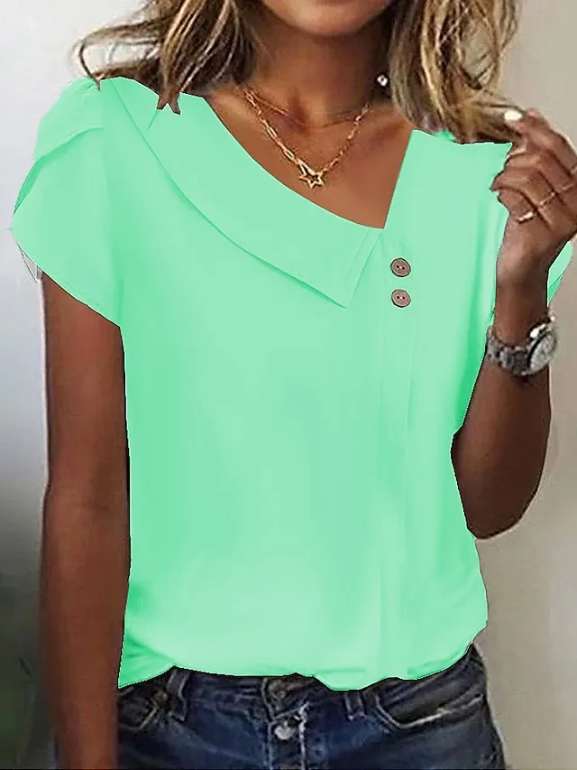 Women's Shirt Blouse White Blue Purple Plain Short Sleeve Casual Vintage Fashion Basic V Neck Regular Fit