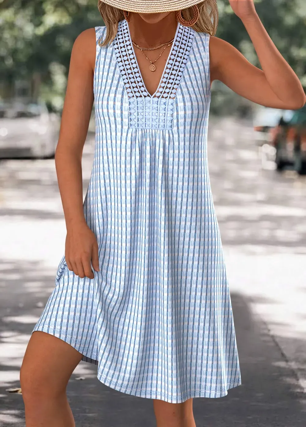 Light Blue Short A Line Sleeveless V Neck Dress