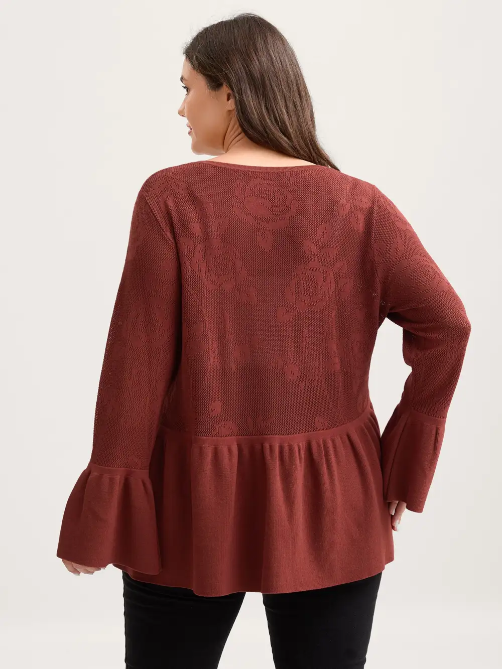 Eyelet Jacquard Ruffled Hem Knit Cardigan