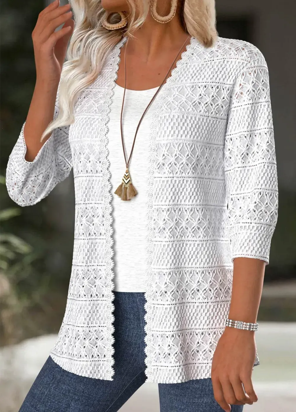 White 3/4 Sleeve Texture Light Cardigan