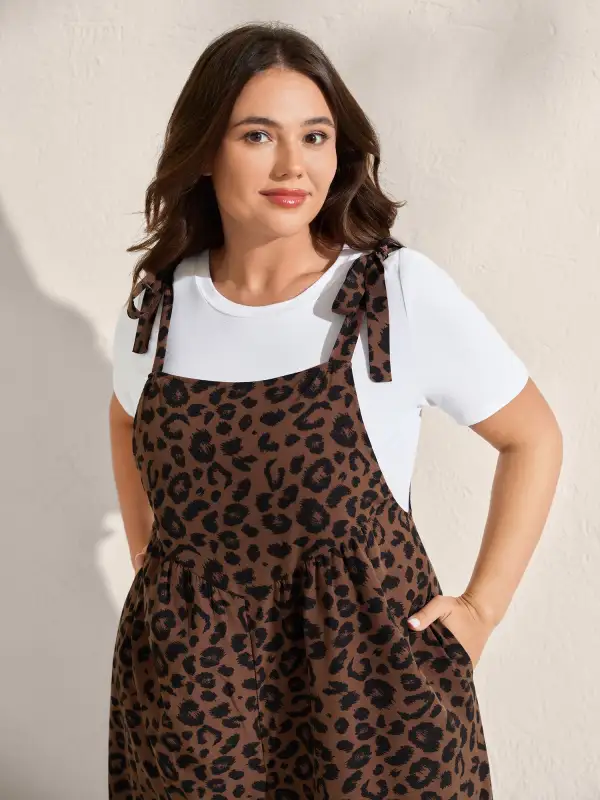 Leopard Print Shirred Shoulder Ties Jumpsuit