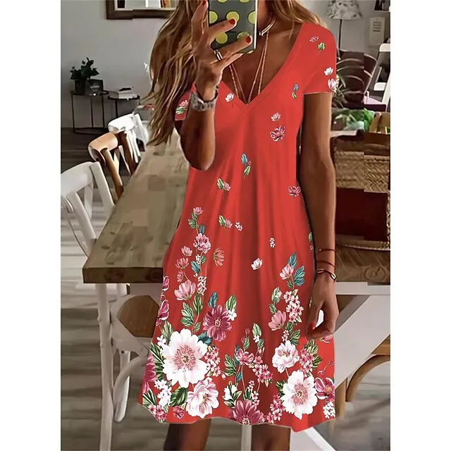 Women's Casual Dress Shift Dress Floral Dress Mini Dress Light Blue White Light Green Short Sleeve Floral Print Summer Spring V Neck Basic 2023 S M L XL 2XL 3XL 4XL