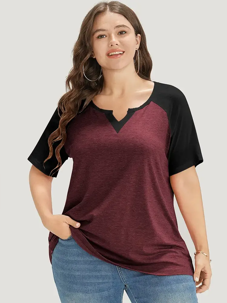 Colorblock Contrast Notched Raglan Sleeve T-shirt