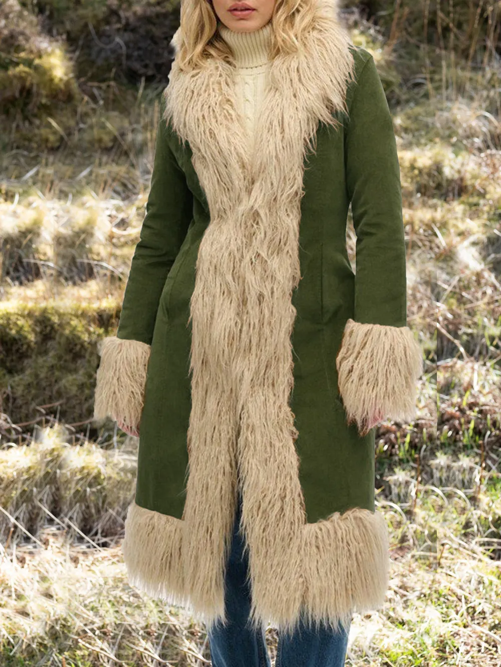 Superdry Faux Fur Lined Longline Afghan Coat, Tobacco Brown